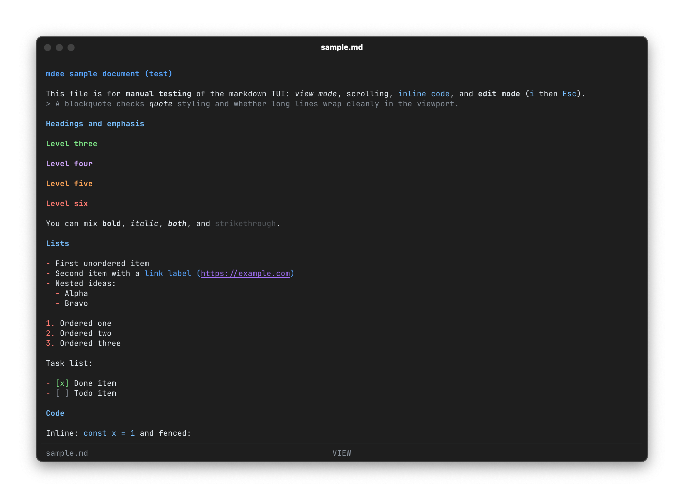Image 1: mdee running in the terminal with a markdown file open